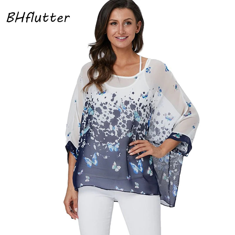 BHflutter Elegant Chic Chiffon Blouses Women New Fashion Batwing Casual Summer Tops Tunic Boho Style Beach Shirts Chemise Femme