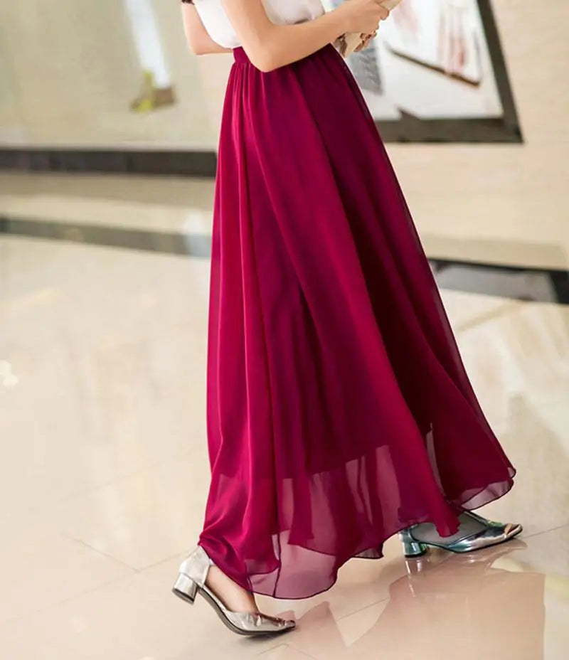 Women's Elegant High Waist Chiffon Skirt Elastic Waist Casual Long Maxi Skirts Saias 80/90/100cm 22 Color 2020 Summer Autumn New