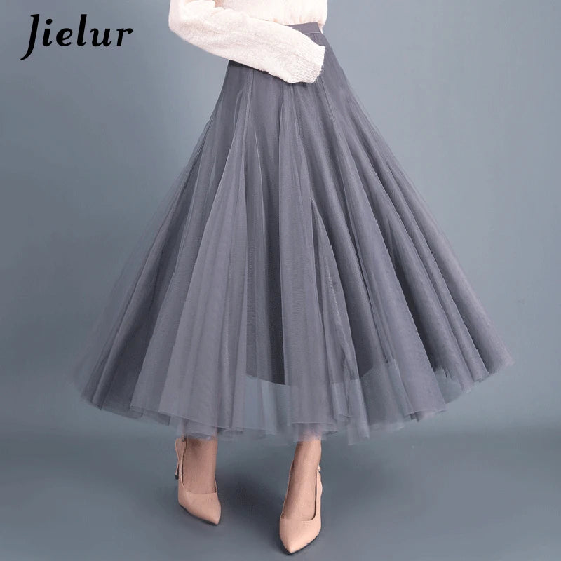 Jielur Skirts Womens Autumn 3 Layers Princess Tulle Mesh Pleated Skirt Saia Female Jupe Summer Tutu Skirts Faldas Mujer Moda