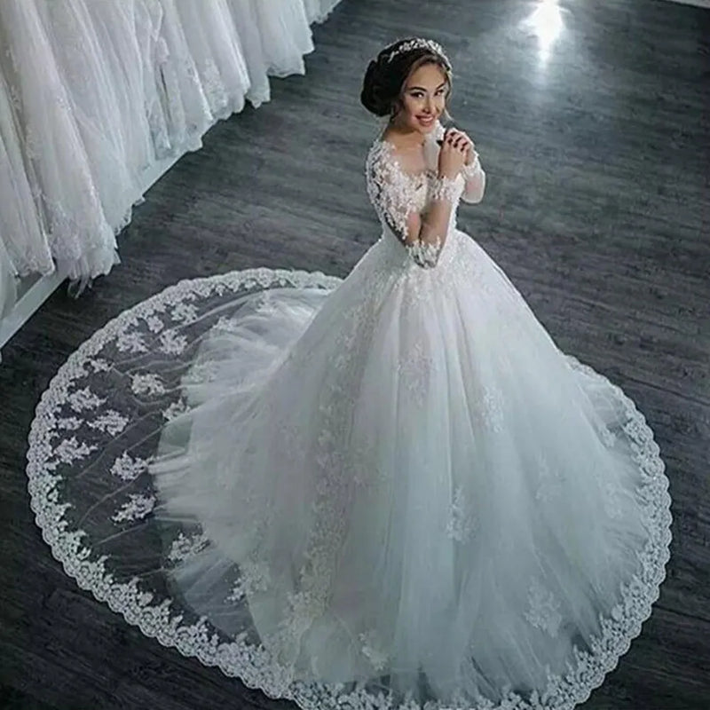 Vestidos De Noiva 2021 Elegant A Line Long Sleeve Wedding Dress Tulle Appliques Beaded Princess Lace Wedding Gown Robe De Mariee