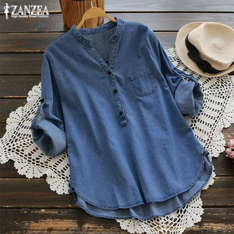 ZANZEA 2023 Women's Denim Blue Shirts Fashion Autumn Blouse Casual Button V Neck Long Sleeve Tops Jean Tunic Blusa Plus Size