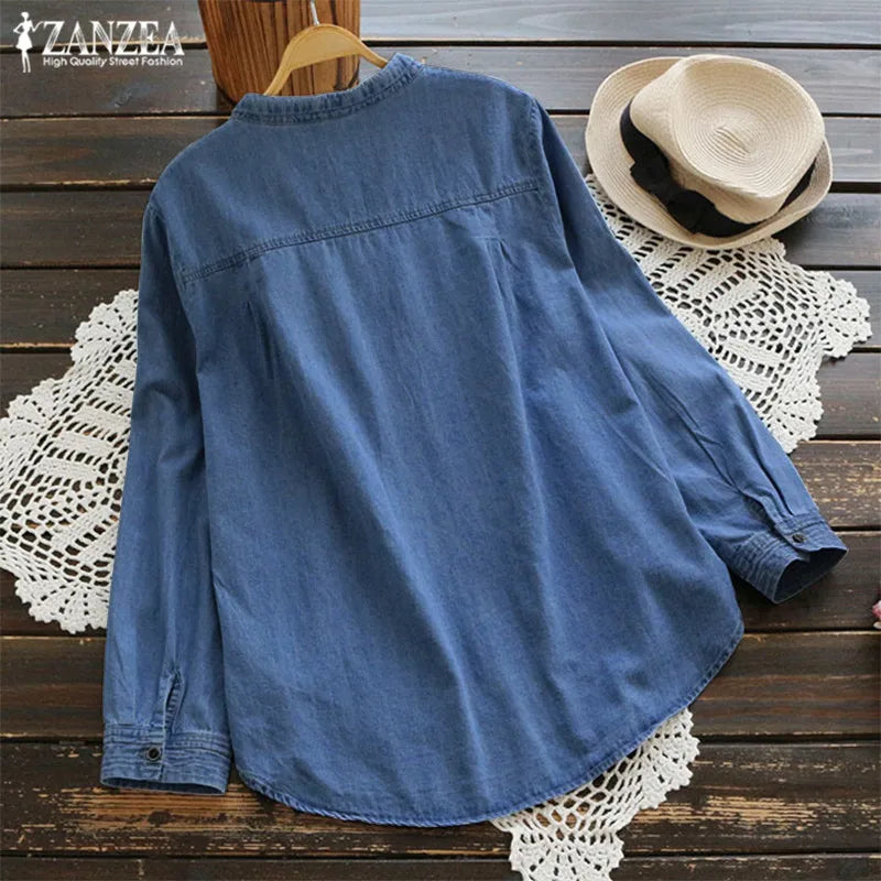 ZANZEA 2023 Women's Denim Blue Shirts Fashion Autumn Blouse Casual Button V Neck Long Sleeve Tops Jean Tunic Blusa Plus Size