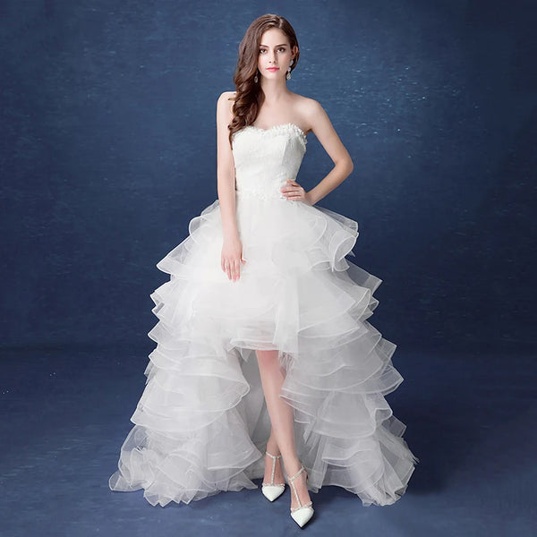 2023 New Front Short Long Back Strapless Wedding Dress Sweet Bride Dress With Train Customized Wedding Gown Vestido De Noiva L