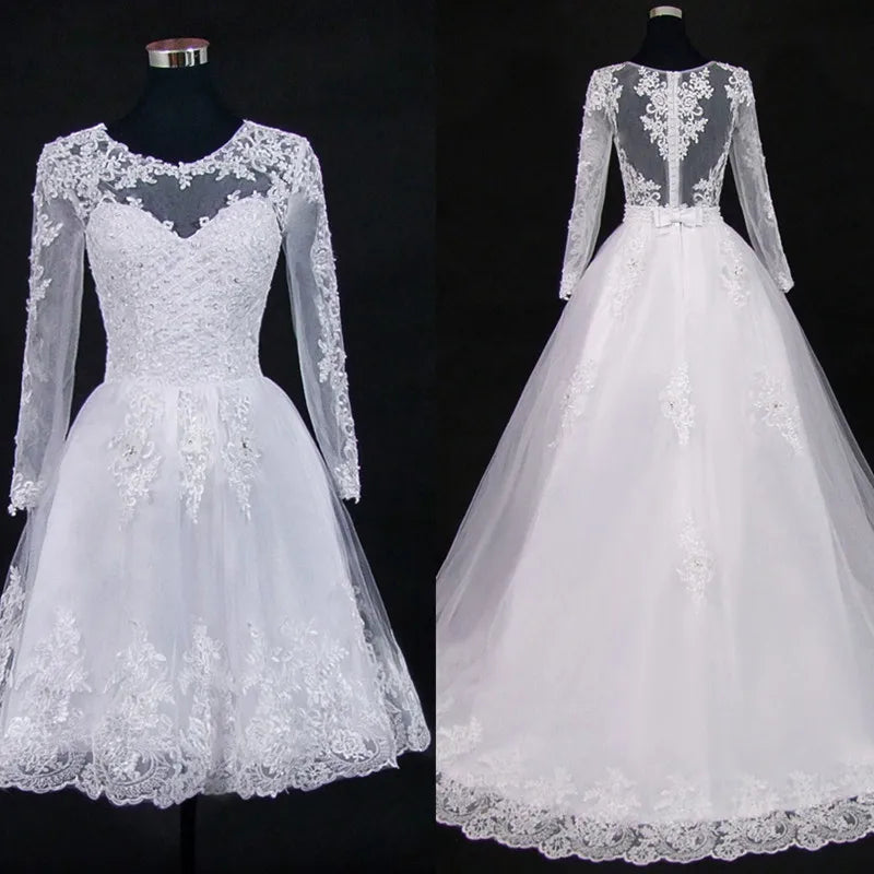 Vestido De Noiva 2 em 1 Wedding Dress Long Sleeves Lace Illusion Bridal Gowns