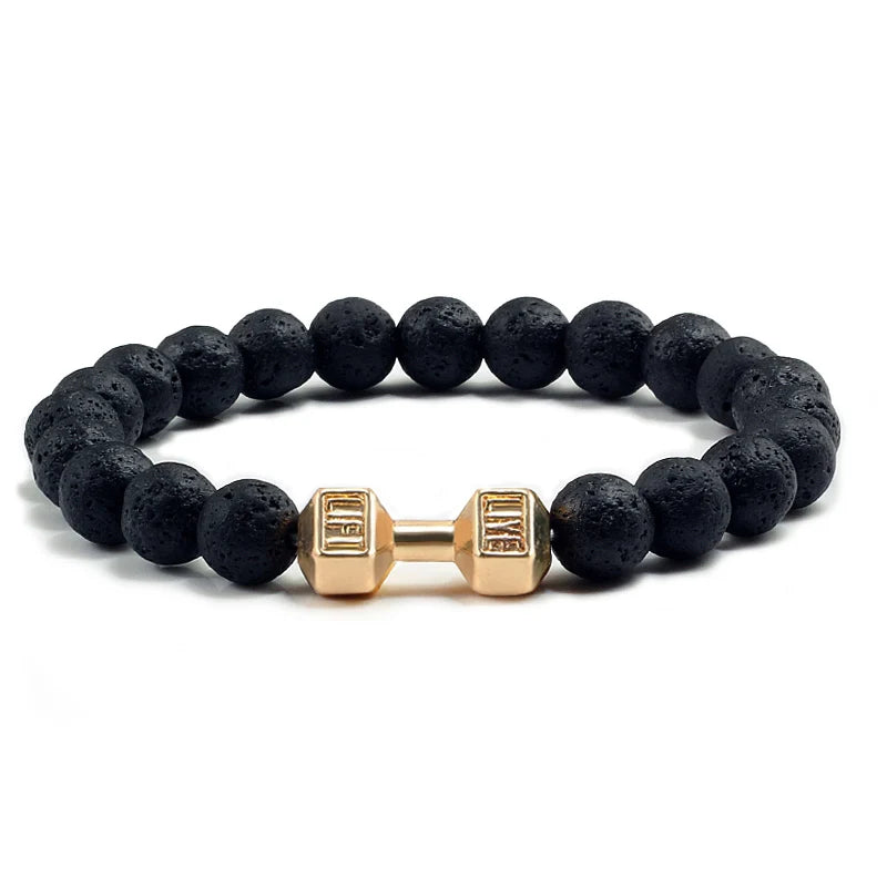 Natural Volcanic Stone Bracelet Men Matte Black Lave White Beads Charm Dumbbell Strand Bracelets Women Barbell Fitness Jewelry