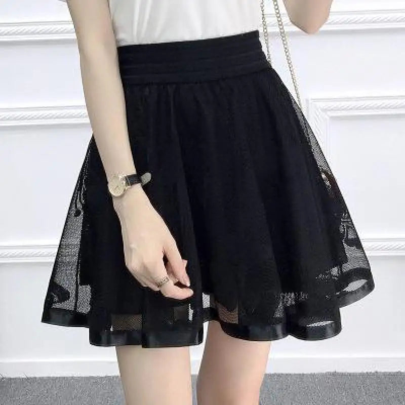 Zuolunouba New Casual Grid Cherry Blossoms Floral Lace Skirts Women A-line Mini Black Skirts Female High Waist Prevent Exposure