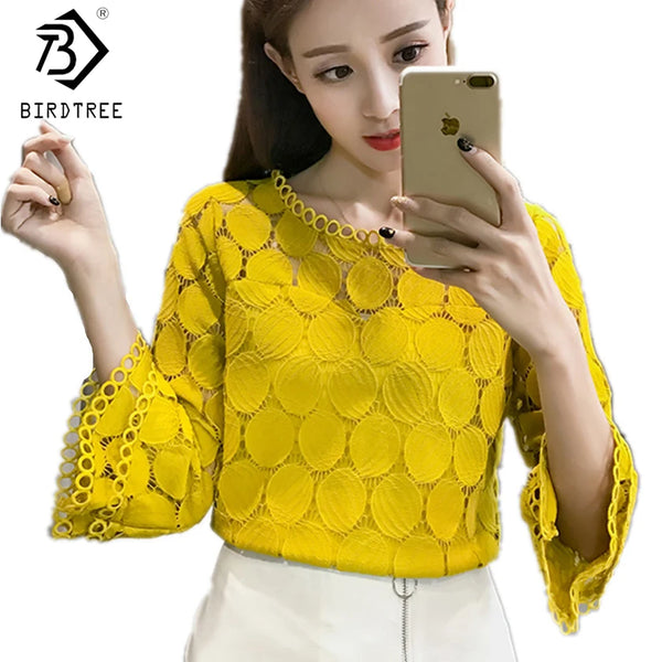 Hollow Out Lace Blouses Shirts New  Autumn Korean Women Clothing Flare Sleeves O-Neck Slim Female Apricot White Tops T7O009A