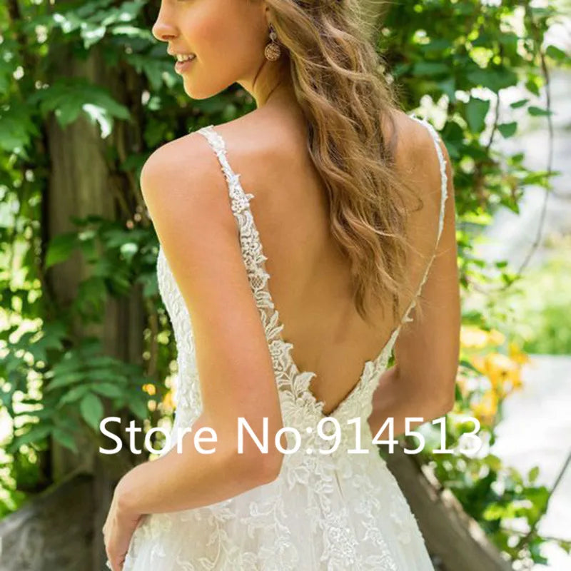 2021 Vestido De Noiva A-Line V Neck Wedding Dress Top Lace Appliques Bridal Dress Custom Made Wedding Gown Sweep Train