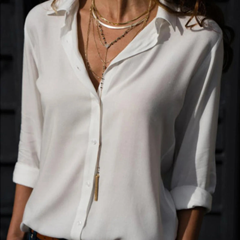 Women Tops Blouses 2023 Spring Elegant Long Sleeve Solid V-Neck Chiffon Blouse Female Work Wear Shirts Blouse Oversized