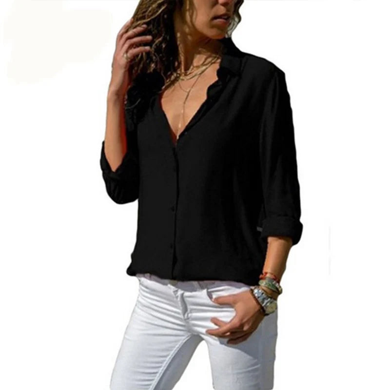 Women Tops Blouses 2023 Spring Elegant Long Sleeve Solid V-Neck Chiffon Blouse Female Work Wear Shirts Blouse Oversized