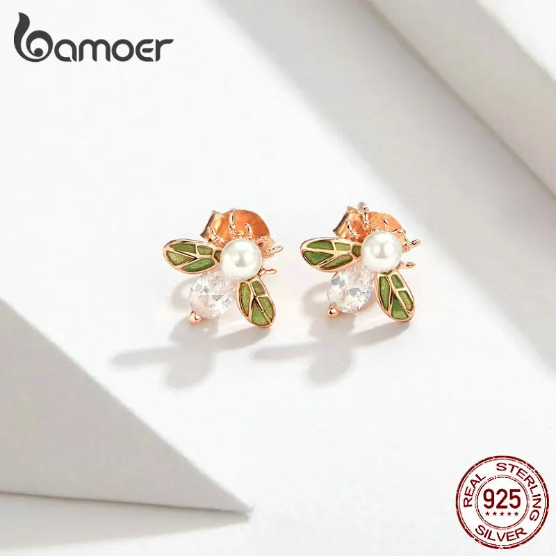 bamoer Crystal Queen Bee Stud Earrings for Women Glittering Green Enamel Wing Ear Studs Sterling Silver 925 Pearl Jewelry SCE643