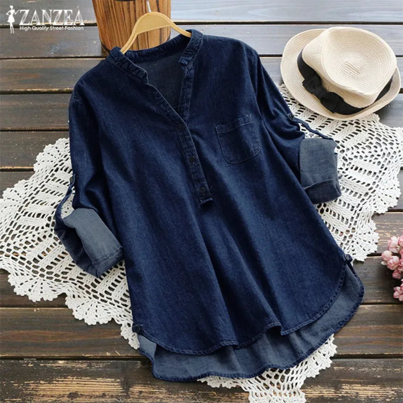 ZANZEA 2023 Women's Denim Blue Shirts Fashion Autumn Blouse Casual Button V Neck Long Sleeve Tops Jean Tunic Blusa Plus Size