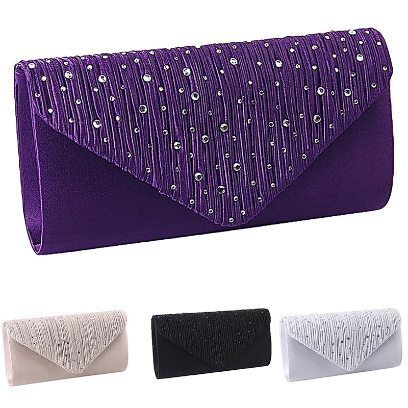 Satin Tiny Glass Beads Clutches For Women Fashion Evening Bags Purple Chain Shoulder Bags Party Wedding Vintage Pearl Softback