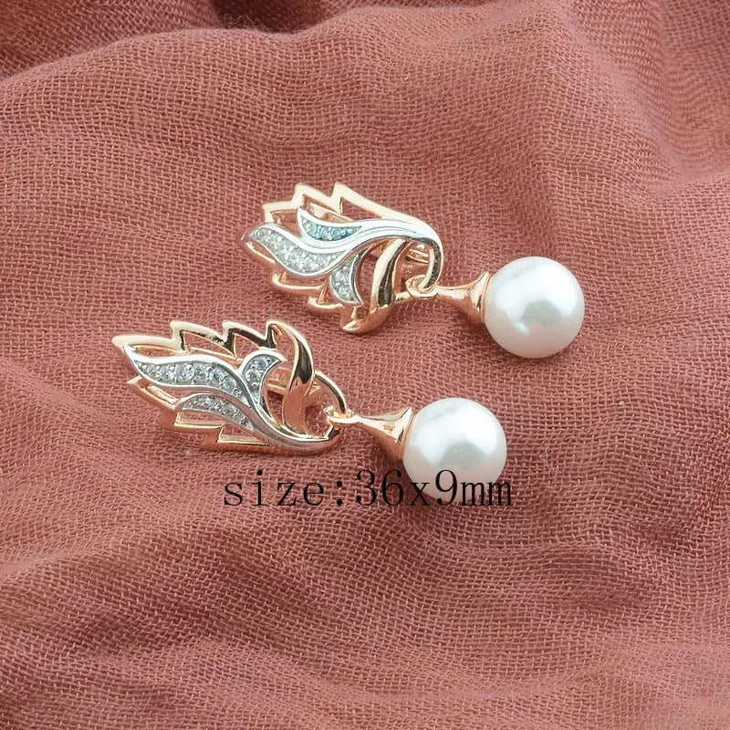 FJ Women Beauty 585 Rose Mixed White Gold Color Simulated Pearl Jewelry Cubic Zircon Flowers Drop Earrings