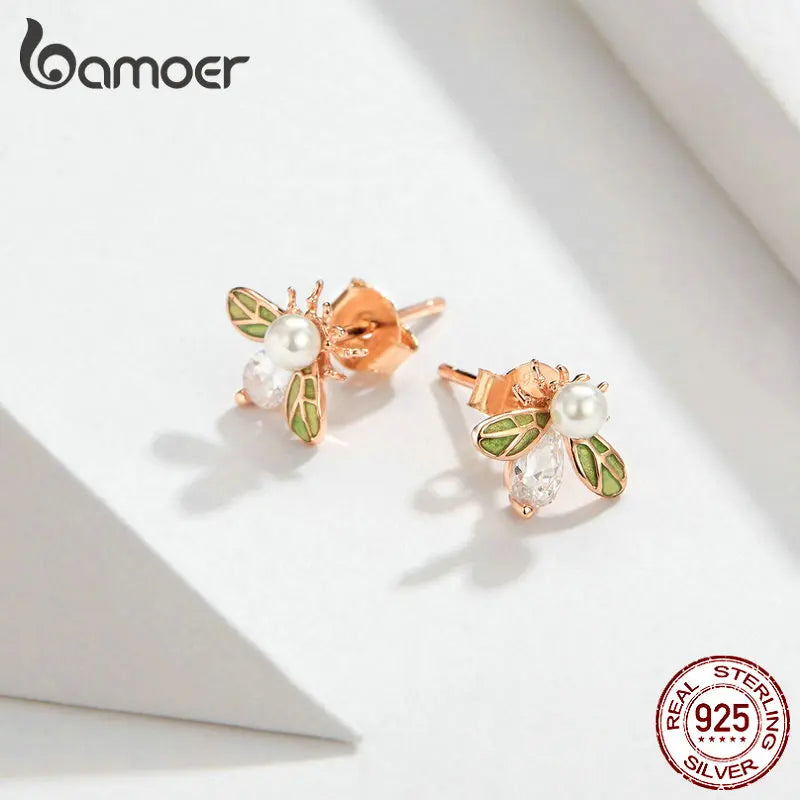 bamoer Crystal Queen Bee Stud Earrings for Women Glittering Green Enamel Wing Ear Studs Sterling Silver 925 Pearl Jewelry SCE643