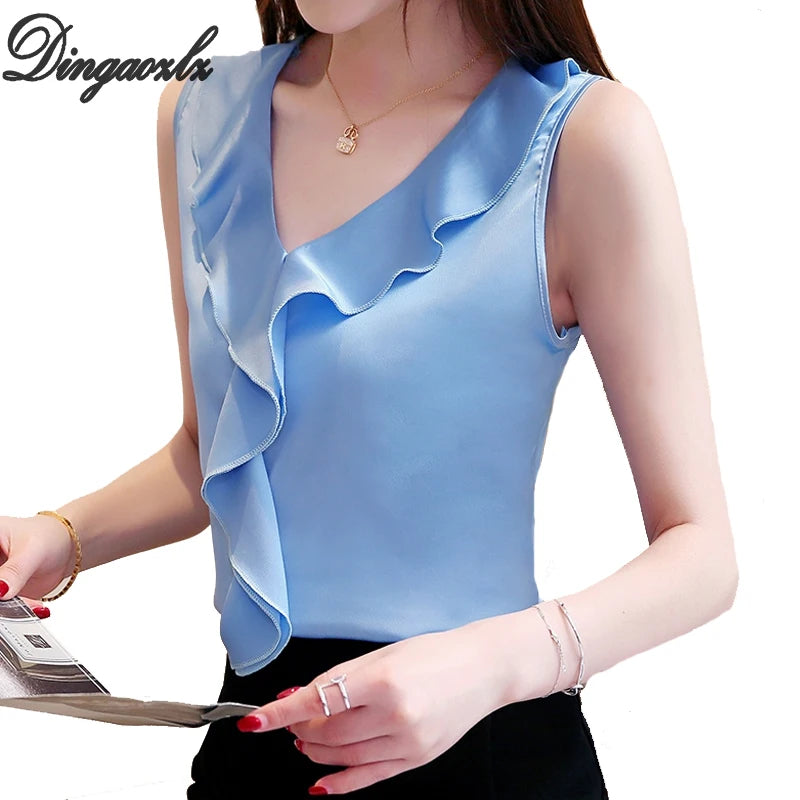 Summer Tops New Korean fashion clothing Silk V-neck Chiffon blouse Hot Sale Sleeveless shirt 3XL