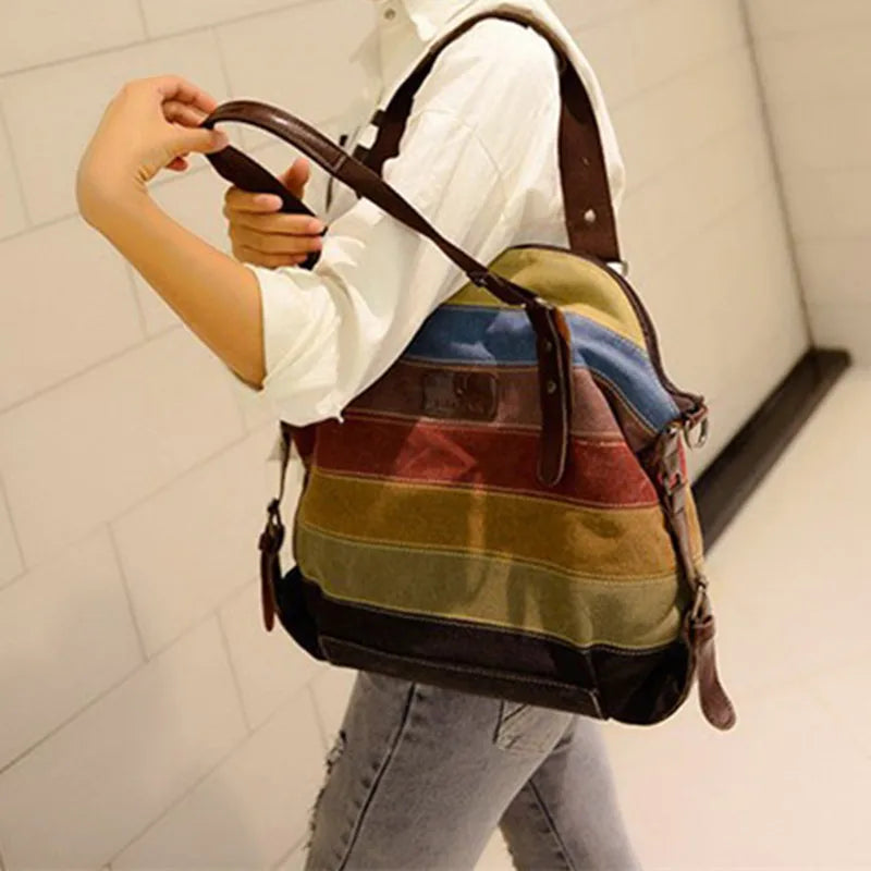 Canvas Totes Striped Womens Handbag Patchwork Rainbow Shoulder Bag Fashion Female Casual Crossbody Bag Sac a Main