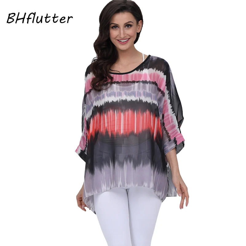 BHflutter 4XL 5XL 6XL Plus Size Women Clothing 2018 New Chiffon Blouse Shirt Batwing Sleeve Letters Print Summer Tops Blouses