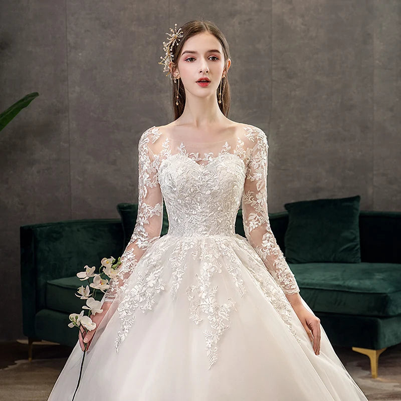 Fasthion Elegant Luxury Appliques Lace Pluse Size Wedding Dress Full Sleeves Long Train Bride Gown Vestidos De Noiva