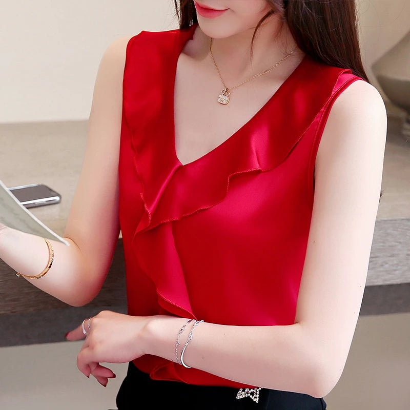 Summer Tops New Korean fashion clothing Silk V-neck Chiffon blouse Hot Sale Sleeveless shirt 3XL