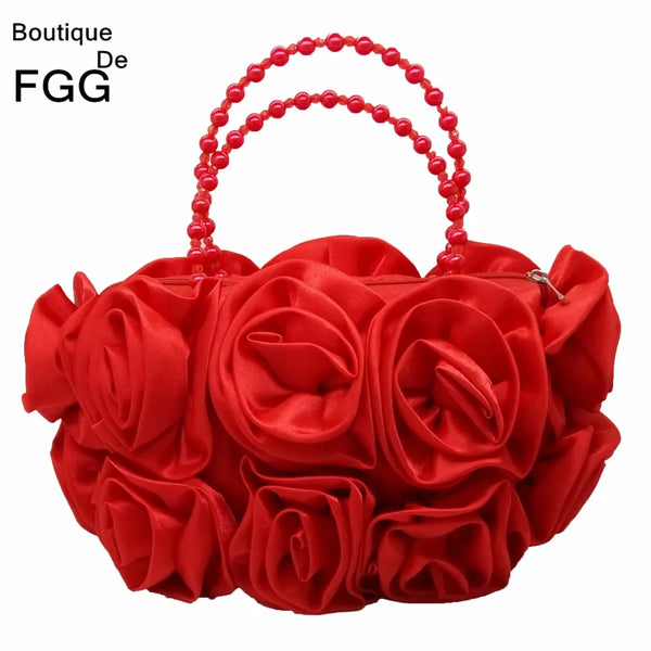 Boutique De FGG Red Flower Rose Bush Women Satin Evening Purse Beaded Handle Totes Bag Wedding Handbag Bridal Clutch