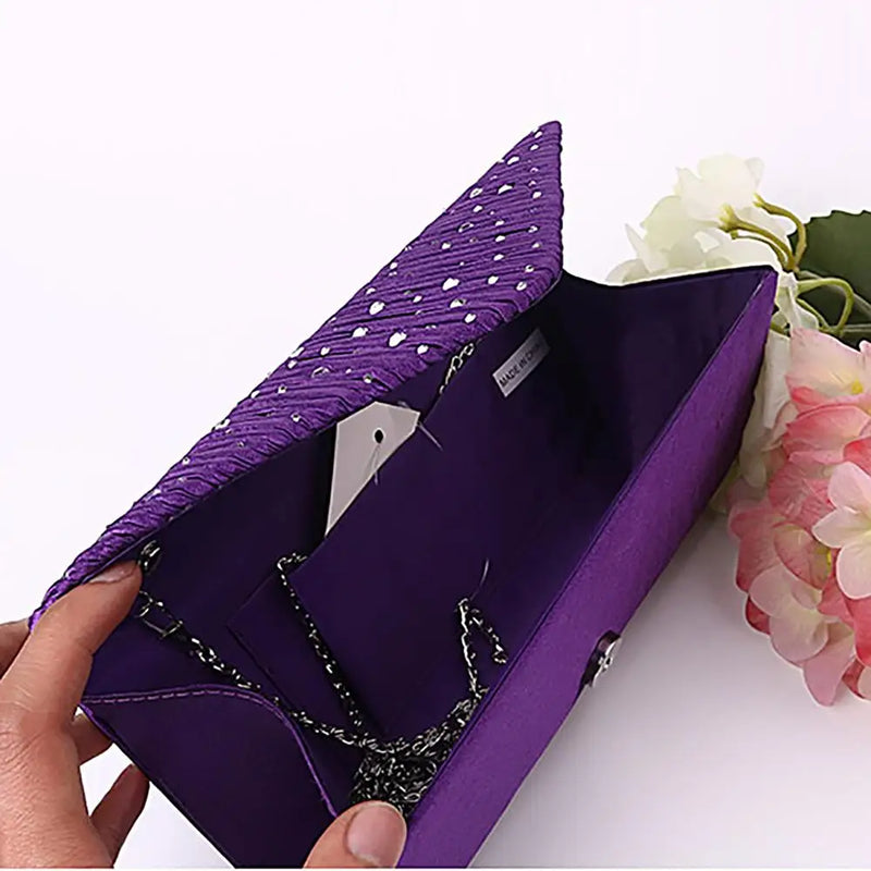 Satin Tiny Glass Beads Clutches For Women Fashion Evening Bags Purple Chain Shoulder Bags Party Wedding Vintage Pearl Softback