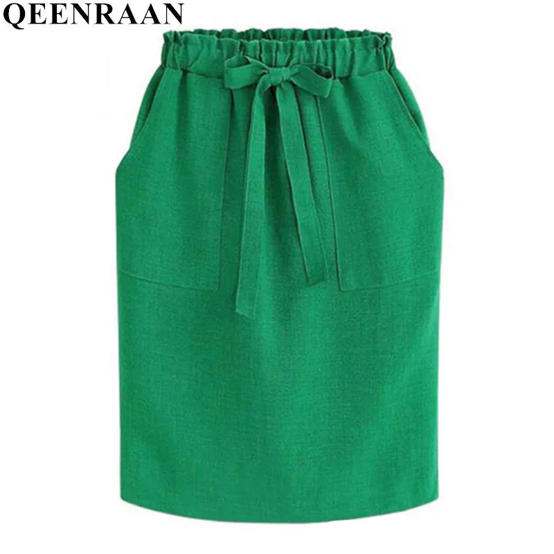 New Spring Summer Elegant Midi Skirts Womens Office Pencil Skirt Cotton Elastic Waist Package Hip Skirt Bow Skirt Green