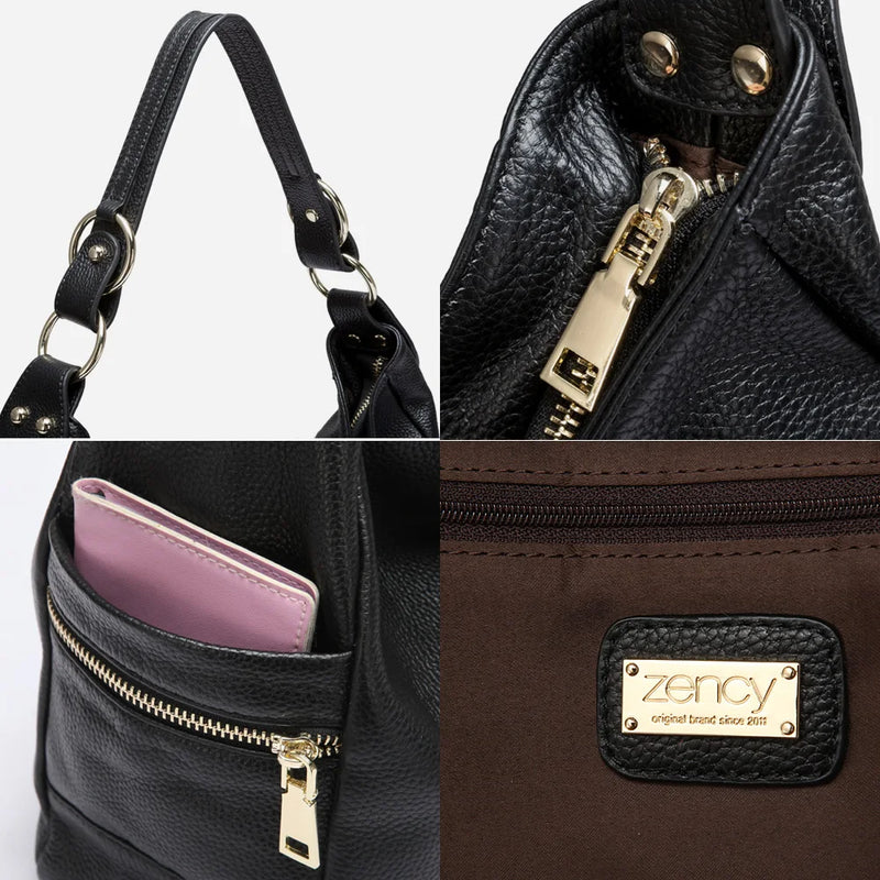 Zency Elegant 100% Genuine Leather Women Hobo Handbag Shoulder Bag Large Capacity Lady Zipper Purse Quality Black More Pocket