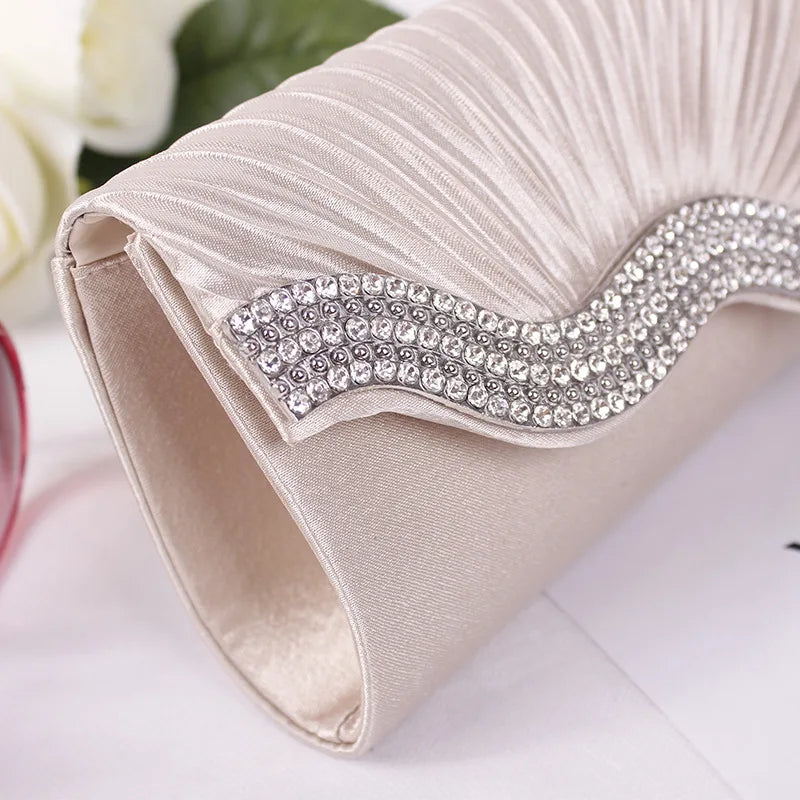 Women Rhinestone Evening Hand Bag Satin Wedding Purse Bridal Party Purse Chain Dinner Day Clutch Vintage Handbag bolsos XA308H