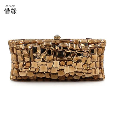 XIYUAN Glass Rhinestones Party Brown Clutch Purse Stones Evening Bags Box Handbag Purses Women Bridal Wedding Metal Clutches Bag