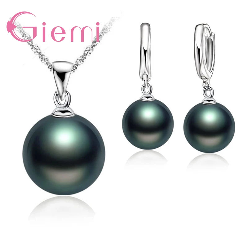 3 Color Option White/Black/Pink Pearl Jewelry Sets Luxury 925 Sterling Silver Necklace Pendant Earrings Set for Women Gift