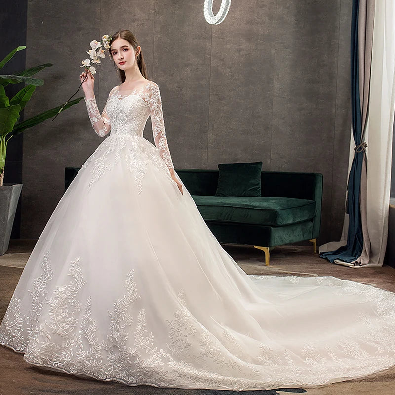 Fasthion Elegant Luxury Appliques Lace Pluse Size Wedding Dress Full Sleeves Long Train Bride Gown Vestidos De Noiva