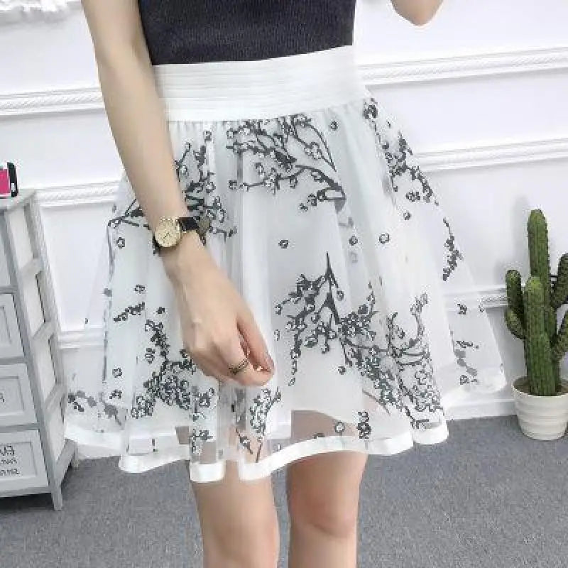 Zuolunouba New Casual Grid Cherry Blossoms Floral Lace Skirts Women A-line Mini Black Skirts Female High Waist Prevent Exposure