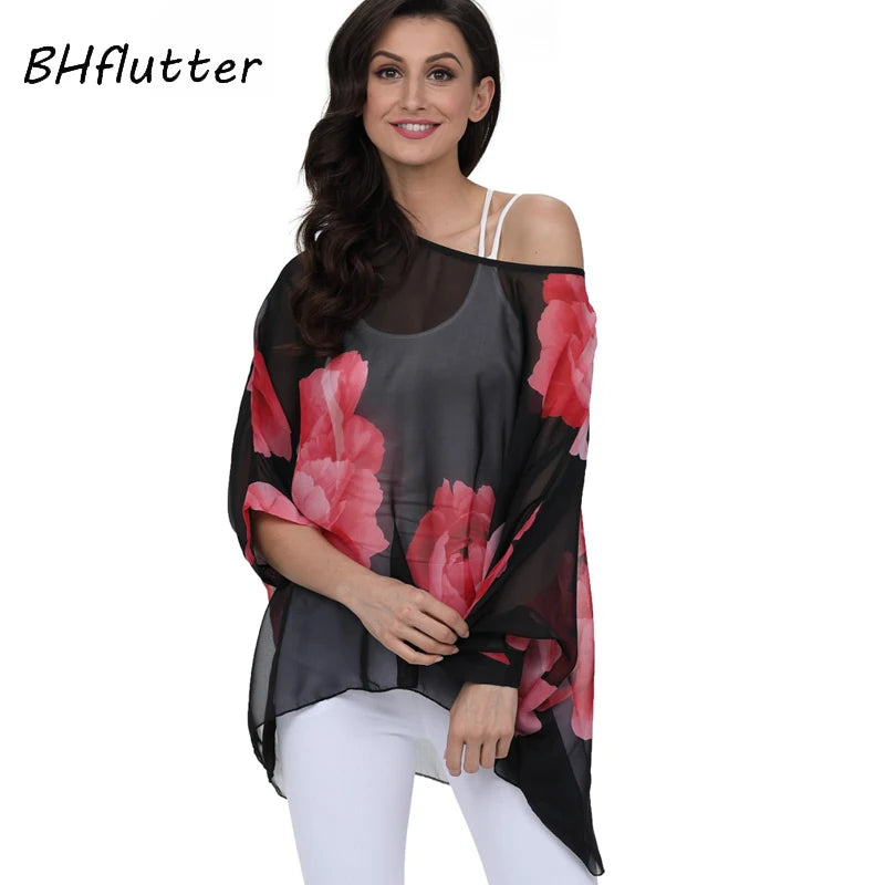 BHflutter 4XL 5XL 6XL Plus Size Women Clothing 2018 New Chiffon Blouse Shirt Batwing Sleeve Letters Print Summer Tops Blouses