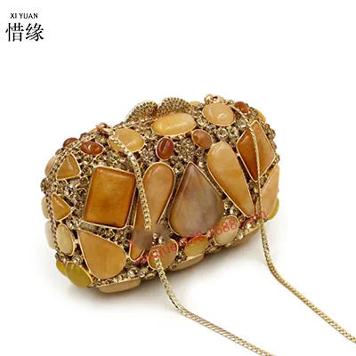 XIYUAN Women Natural Stone Handbag Crystal Clutch Bag Purse Luxury Agate Gem Diamond-studded Evening Bags Handbags Female Wallet