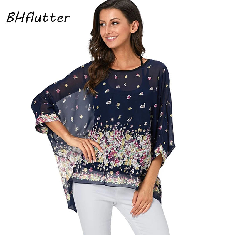 BHflutter Elegant Chic Chiffon Blouses Women New Fashion Batwing Casual Summer Tops Tunic Boho Style Beach Shirts Chemise Femme