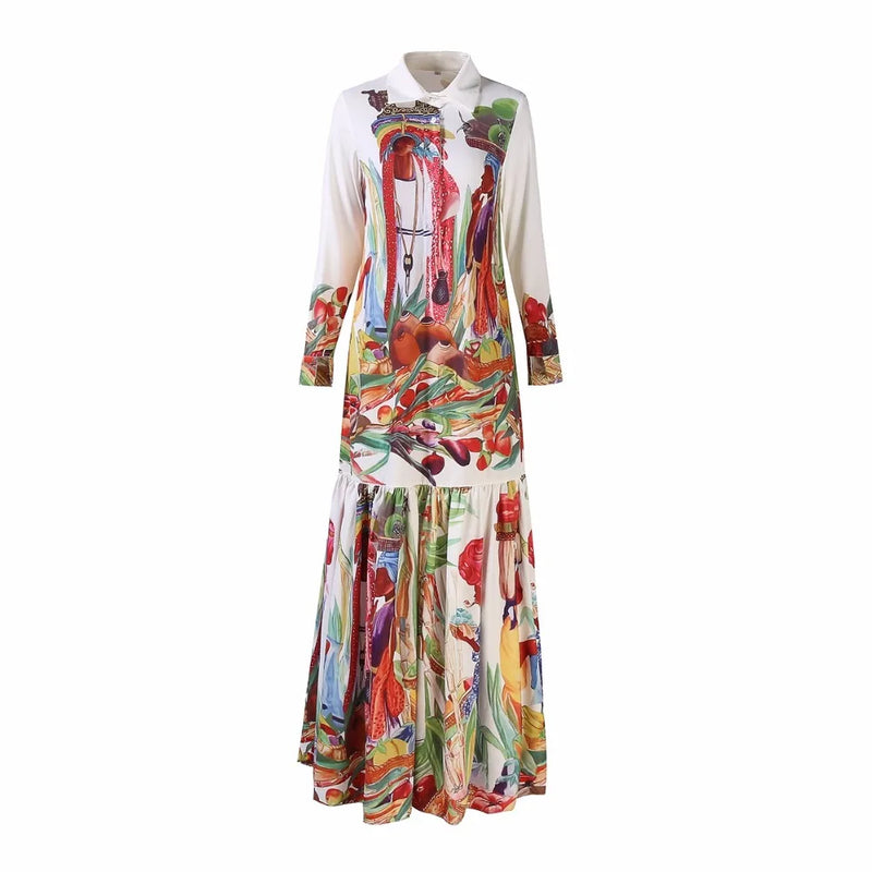 MIUXIMAO 2023 Spring Newest Fashion Runway Turn Down Collar Maxi Dress Women's Long Sleeve Retro Art Printed Designer Long Dress