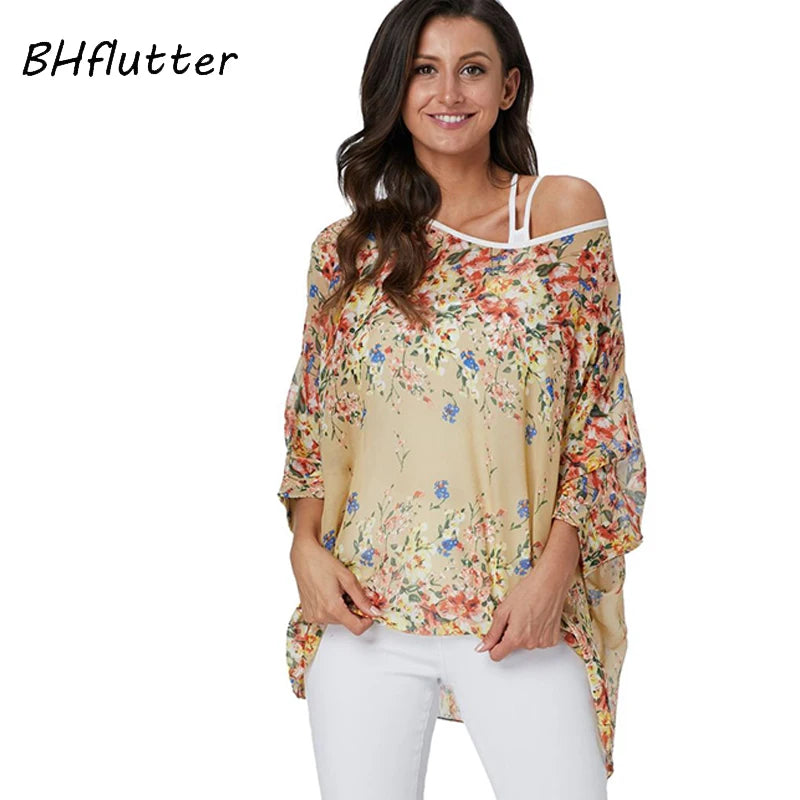 BHflutter Women Tops Tunic 2019 New Style Floral Print Chiffon Blouse Shirt Batwing Casual Loose Summer Shirts Plus Size Blusas