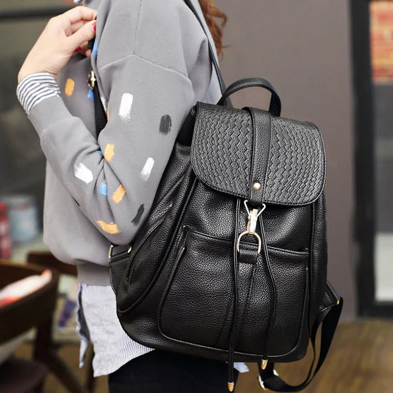 Women Back Bag PU Leather Preppy Backpacks For Teenage Girls Lady School Bags Black Casual Backpack Female Mochila