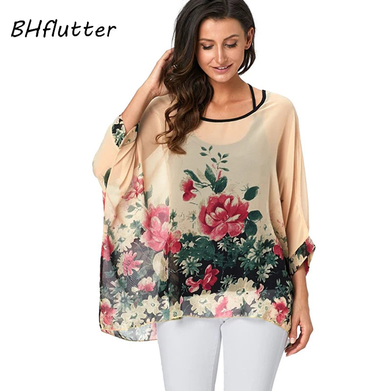 BHflutter Women Tops Off Shoulder Sexy Summer Blouses 2022 New Arrival Color Spliced Casual Loose Chiffon Shirts camisas mujer