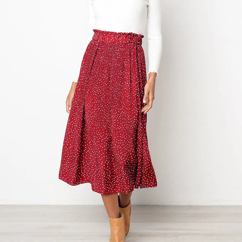 White Dots Floral Print Pleated Midi Skirt Women Elastic High Waist Side Pockets Skirts Summer 2019 Elegant Female Bottom