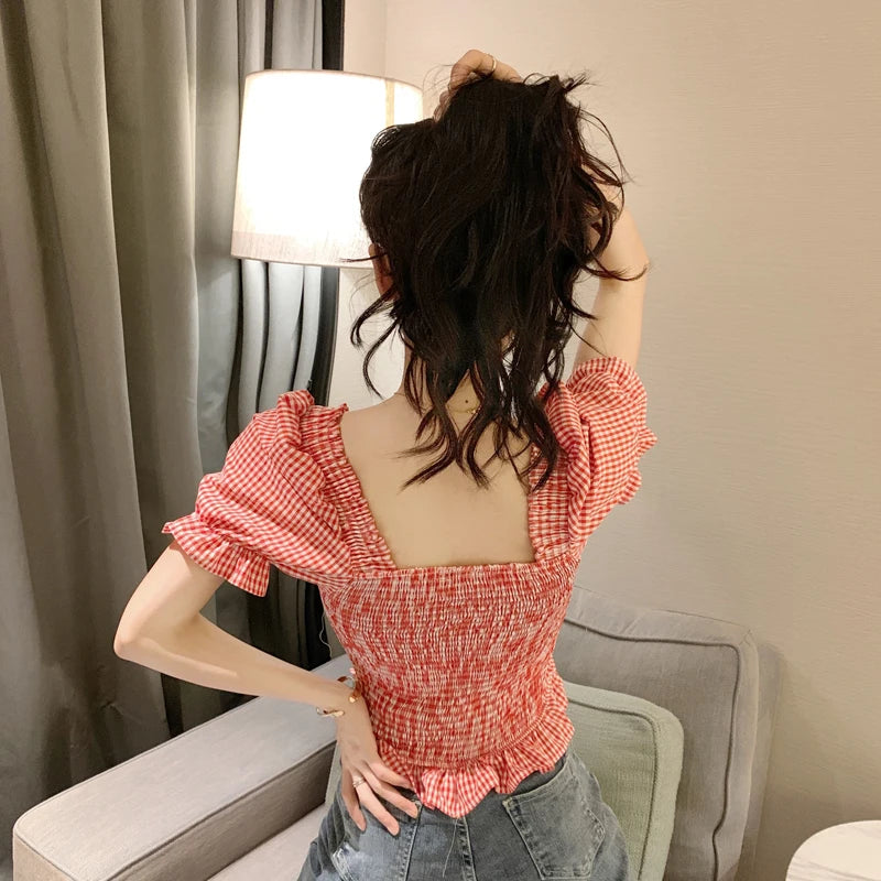 Vintage Plaid Crop Blouse Women Summer Square Collar Puff Sleeve Button ladies Tops Blouses Shirts chemisier femme