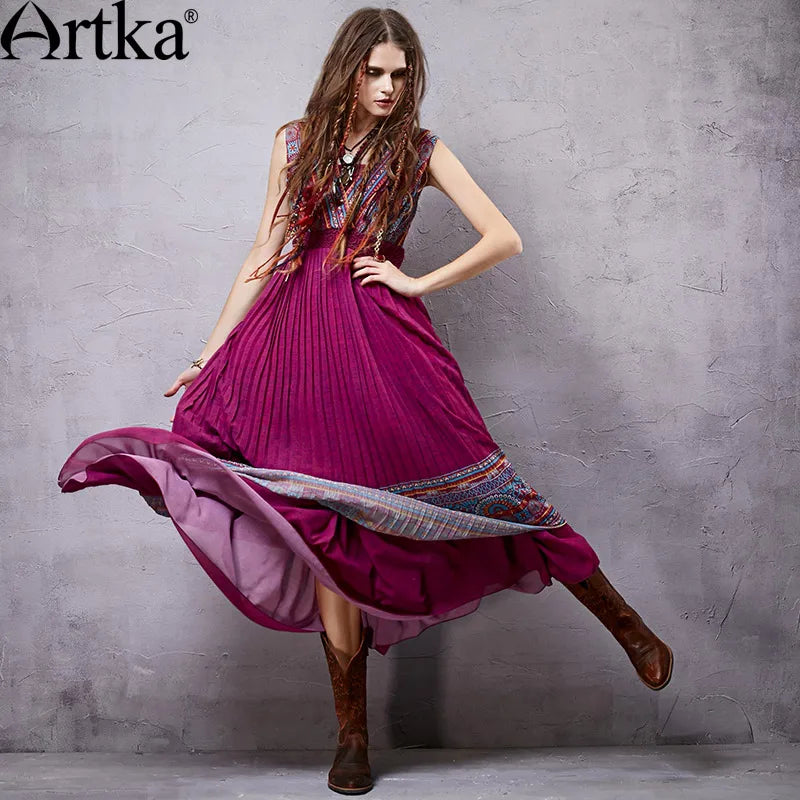 ARTKA Women's 2018 Summer Ethnic Printed Chiffon Two-pieces Dress Fashion Sleeveless Empire Waist Draped Hem Dress LA14550X