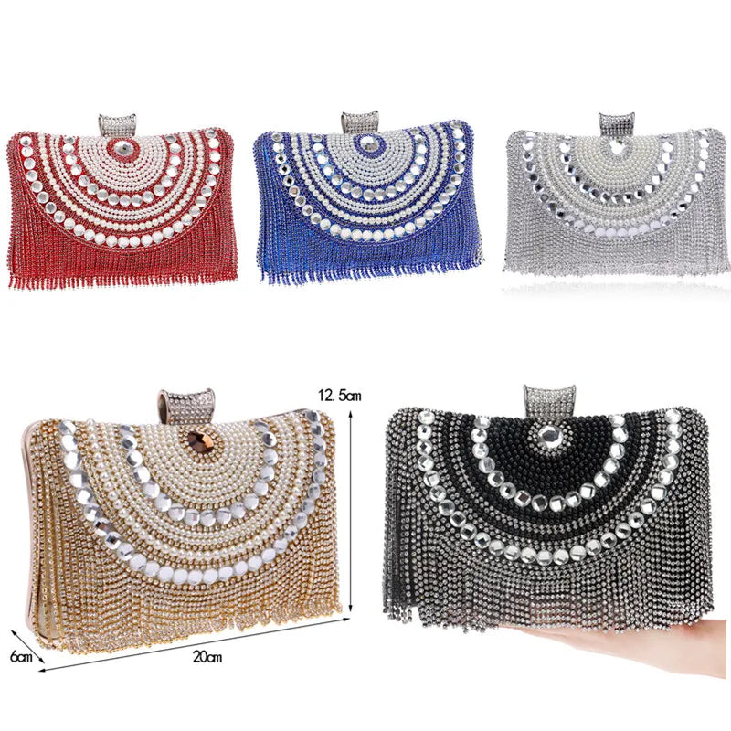 Rhinestones Tassel Clutch Diamonds Beaded Metal Evening Bags Chain Shoulder Messenger Purse Evening Bags For Wedding Bag