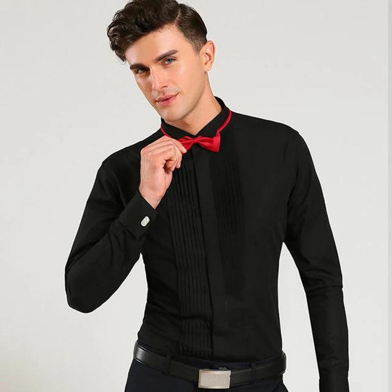 Classic Winged Collar Dress Shirt Men's Wingtip Tuxedo Formal Shirts with Red Black Bow Tie Party Dinner Wedding Bridegroom Tops