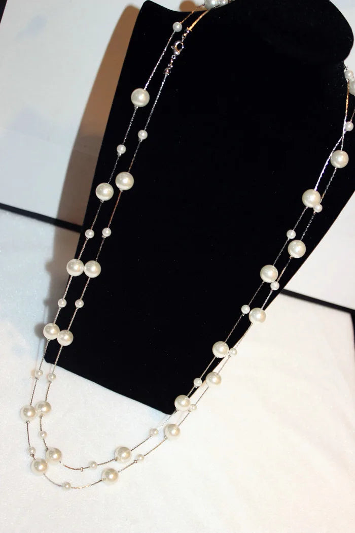 Double Layers Simulated Pearl Jewelry Long Necklace Women Classic Beads Chain Necklaces & Pendants Fine Gift