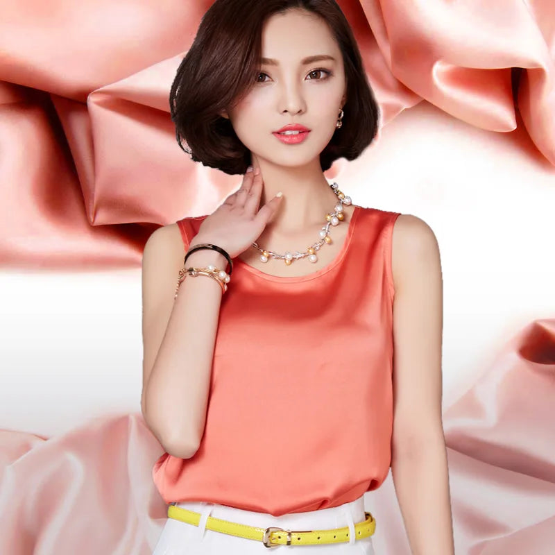 New fashion Women Blouse Sleeveless Summer Tops Blusas 2023 Solid color all-match Silk Vest shirt Casual Chiffon shirt