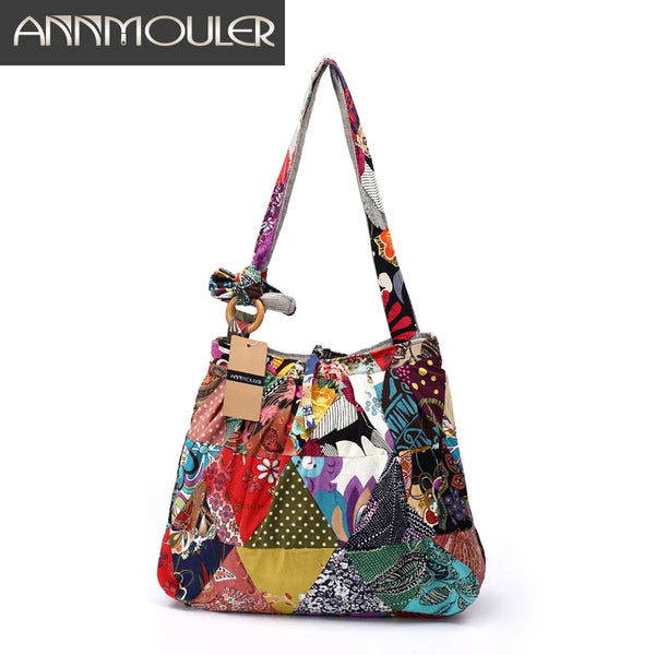 Annmouler Brand Women Shoulder Bag Cotton Fabric Handbags Adjustable Patchwork Hippie Bag Large Capacity Hobo Gypsy Purse