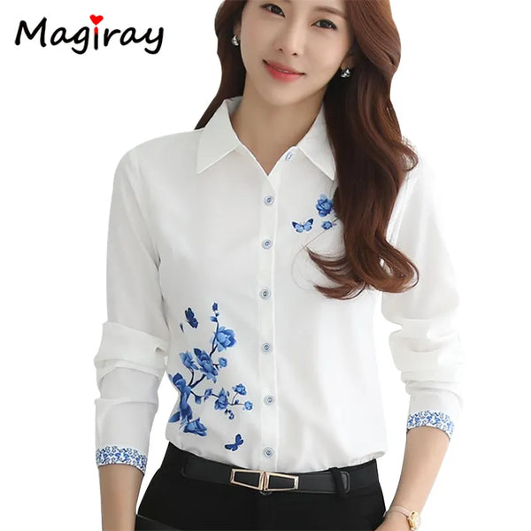 Long Sleeve Blue butterfly Flower Print Blouse Women 2021 Summer fall Top Elegant Work Office Cottagecore Shirt White Blouse 181