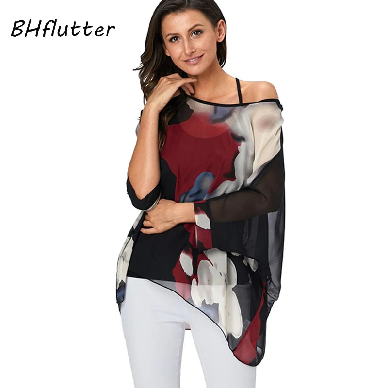 BHflutter Women Tops Tunic 2019 New Style Floral Print Chiffon Blouse Shirt Batwing Casual Loose Summer Shirts Plus Size Blusas